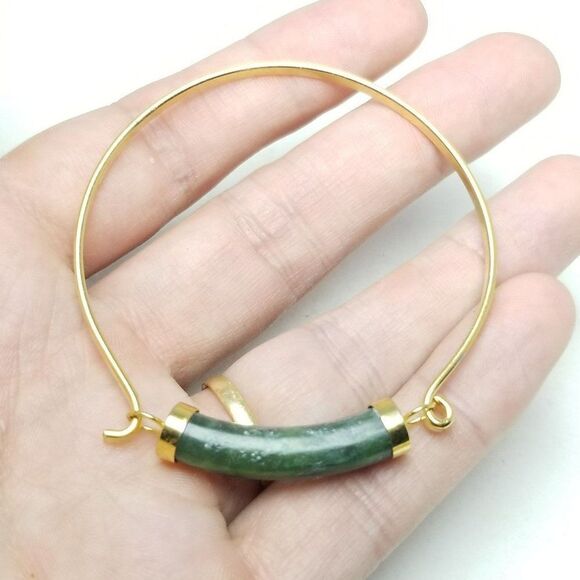Vintage Green and Gold Tone Bangle Bracelet, Minimal Design, Stacking Estate - Picture 3 of 5